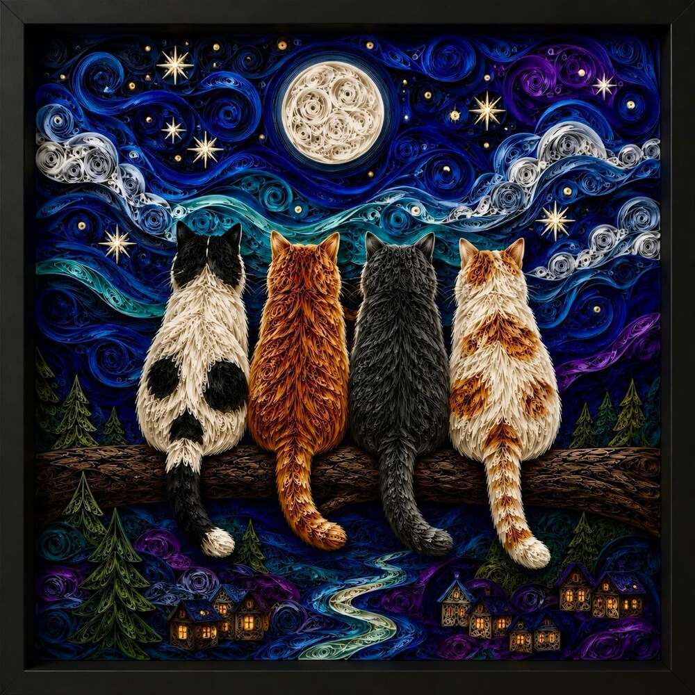 8 X 8 Black Framed Moonlit Cat Cd 27